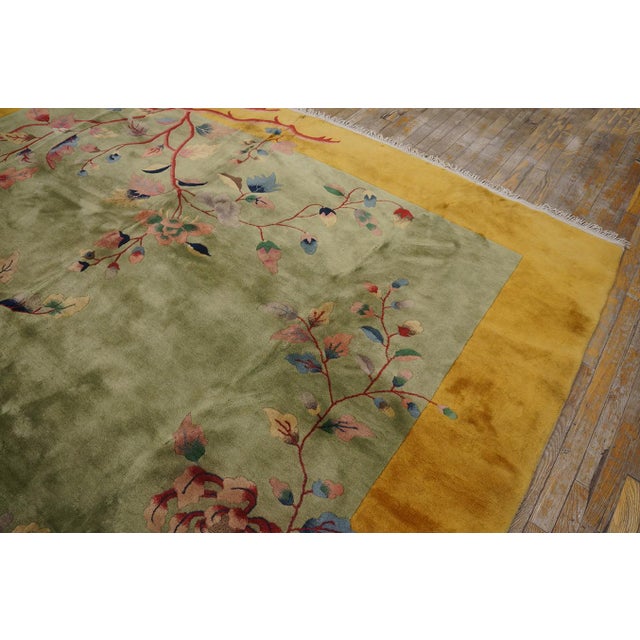 Calming Green Background Wiht Soft Spray Florid Color Antique Chinese Art Deco Rug by Nichols Workshop For Sale In New York - Image 6 of 12