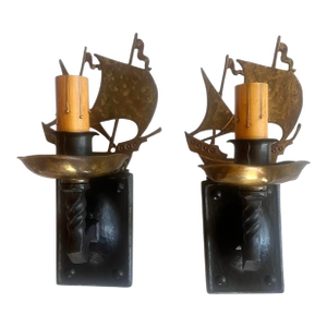 Pair Nautical Ships Wall Sconces in Original Patina of Brass and Paints, Circa 1920