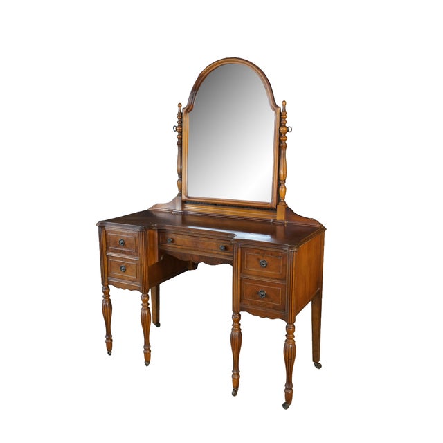 American Antique William & Mary Style Walnut Dressing Table Dresser Vanity Mirror For Sale - Image 3 of 18