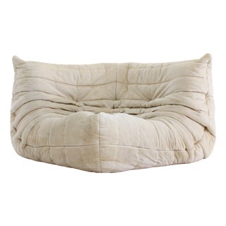 Vintage Togo Corner Chair in Beige Velvet by Michel Ducaroy from Ligne Roset, 1980s For Sale