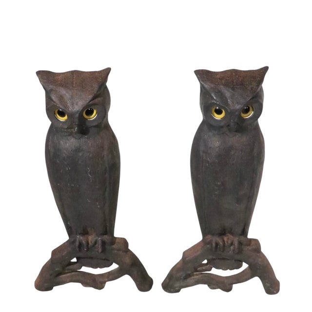 Large Pair of Vintage Arts and Crafts Rustic Victorian Owl Andirons With Glass Eyes For Sale In New York - Image 6 of 14