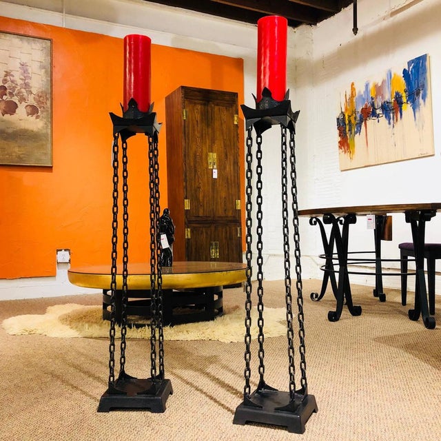 Imagine how amazing these Neo Gothic iron standing candle holders will look as the candles cascade and dry over the chain...