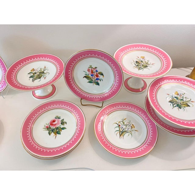Antique French Pink Old Paris Porcelain hand-painted dessert set with 12 plates and 5 assorted tazzas, porcelain with gilt accents - 17 pcs For Sale - Image 18 of 18