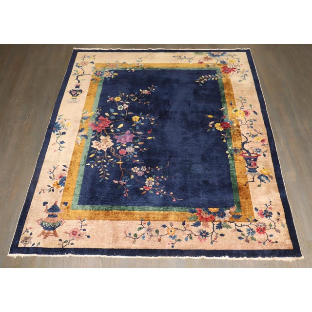 1930s Navy Chinese Art Deco Floral Rug Details rug no. j5103 size 7' x 8' 9" (213 x 267 cm)