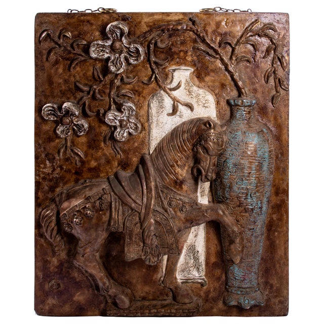 Late 20th Century Cast Plaster and Fiberglass Tang Horse and Floral Wall Sculpture For Sale - Image 13 of 13