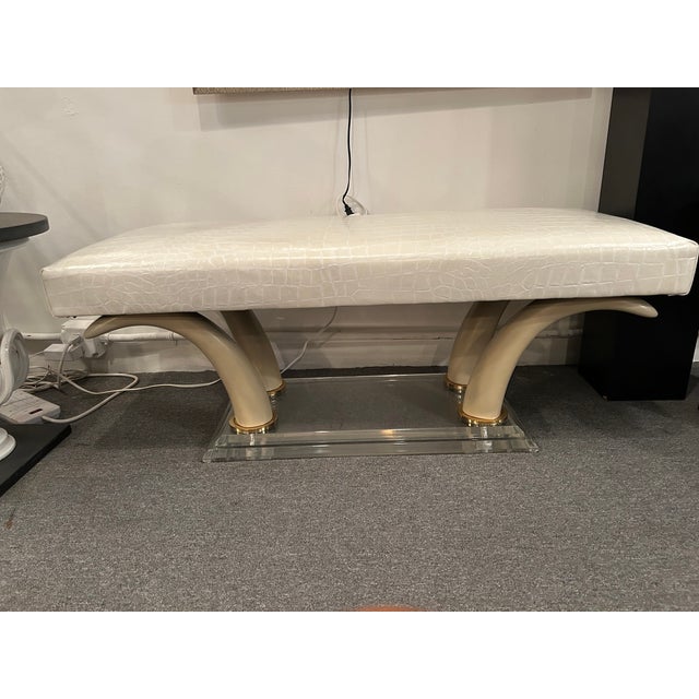 Faux Crocodile Upholstered Bench With Faux Horn & Lucite Base For Sale - Image 11 of 11
