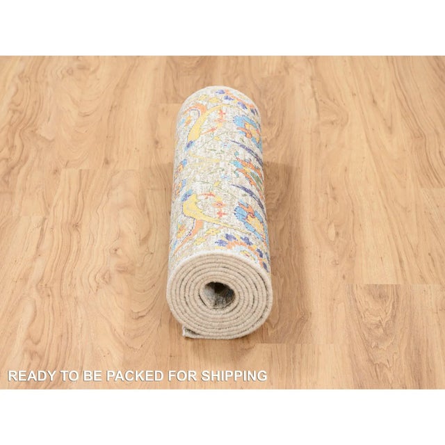 2010s Tan, Sickle Leaf Design, Silk With Textured Wool, Hand Knotted, Oriental, Runner Rug For Sale - Image 4 of 9