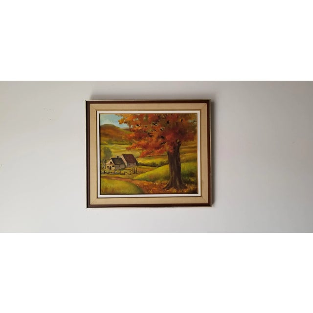 Mid-Century Modern 70's Vintage Rural Homestead Landscape Oil Painting For Sale - Image 3 of 12