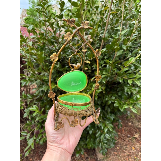 Antique French Opaline Casket Gilt Nest and Ivy Canopy Stand, Palais-Royal Taste, Uranium Glass For Sale In Raleigh - Image 6 of 15