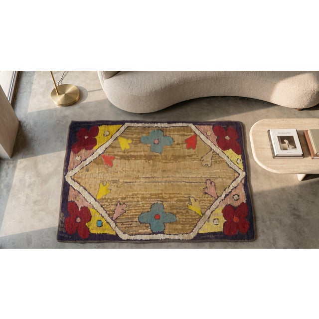 Cream 1920s Tan Camel Floral Folk Art Antique American Hooked Rug 1'10" X 3'3" Handknotted Wool Carpet For Sale - Image 8 of 8