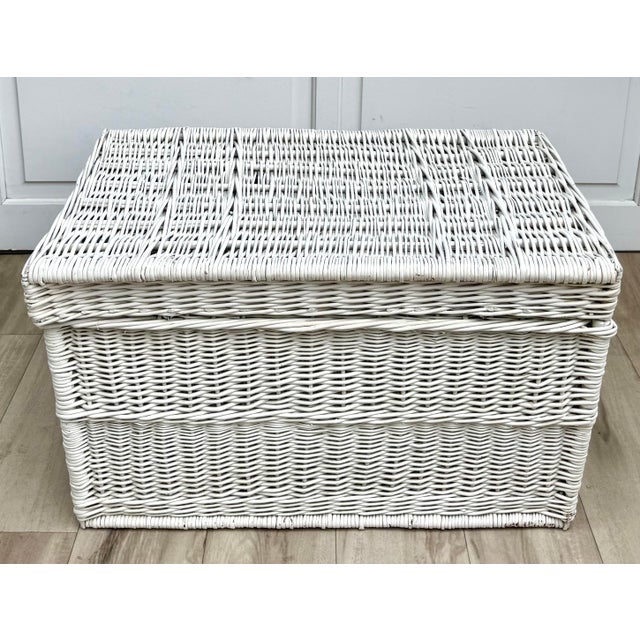 Vintage White Wicker Blanket Chest Coffee Table With Glass Top For Sale - Image 12 of 12