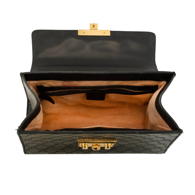 Animal Skin Gucci Gg Signature Black Gold-Hardware Padlock Top Handle Bag For Sale - Image 7 of 13