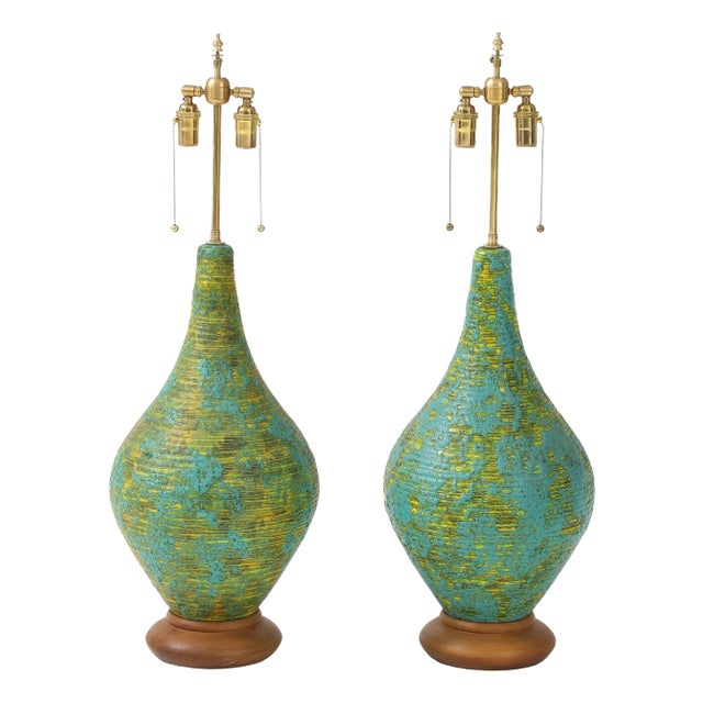 1960's Italian Lava Glaze Large Table Lamps - A Pair For Sale