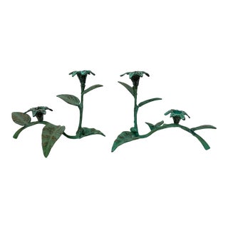 Verdigris Brass Floral Candelabra. Set of Two. For Sale
