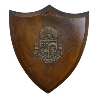 Vintage Delta Tau Delta Bronze & Walnut Fraternity Shield Wall Plaque Crest 11" For Sale