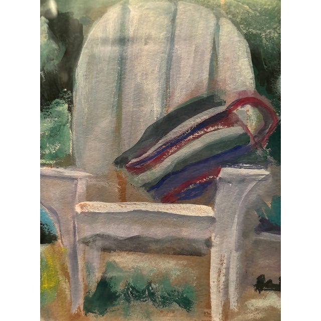 1970s Vintage Impressionist Garden Scene Pastel Drawing – Patio Chair Under Tree, Framed For Sale - Image 5 of 10