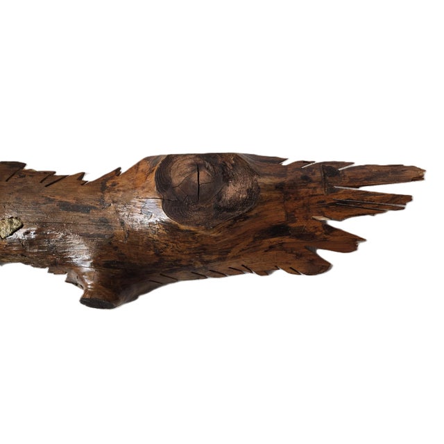 Abstract Primitive Futurism Wooden Wall Sculpture Titled "Alpha Predator" With Rough Inlaid Stone (Signed by Artist John Carnright) For Sale - Image 3 of 9