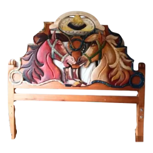 Monumental Custom Made Equestrian Double Horse Head Solid Wood Painted King Size Headboard