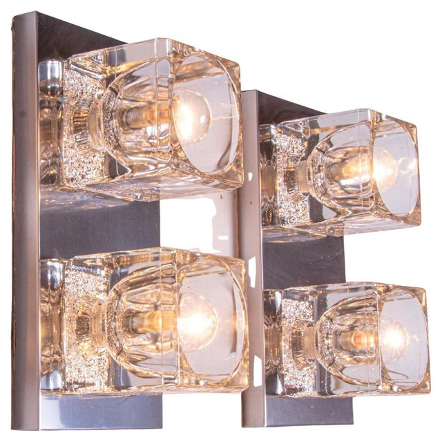 Gorgeous pair of cubic wall and ceiling lights executed in thick glass mounted on a chromed frame. Can be mounted...