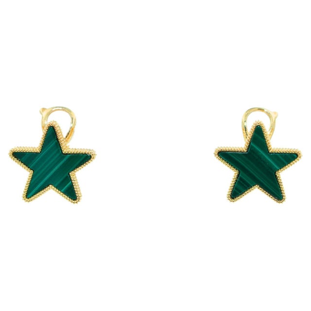 Green Malachite Star Galaxy Celestial Constellation Zodiac Yellow Gold Earrings 18K Yellow Gold Green Malachite Cabochon...