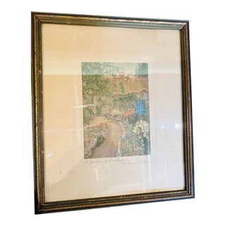 Framed Lithograph and Hand Colored a Garden of Larkspur Signed Walace Nutting For Sale