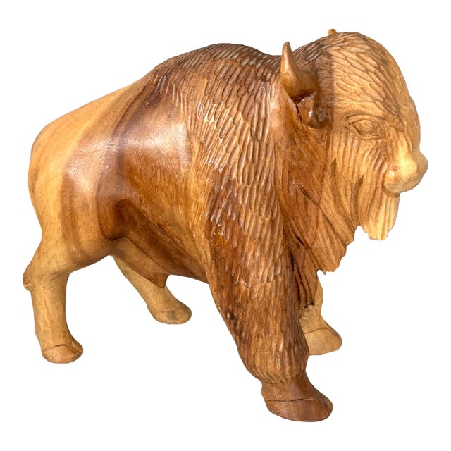 Vintage Wooden American Bison Buffalo Statue Carving For Sale