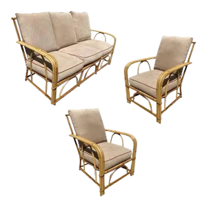 Restored "1949er" Rattan Sofa & Lounge Chairs Livingroom Set by Heywood Wakefield