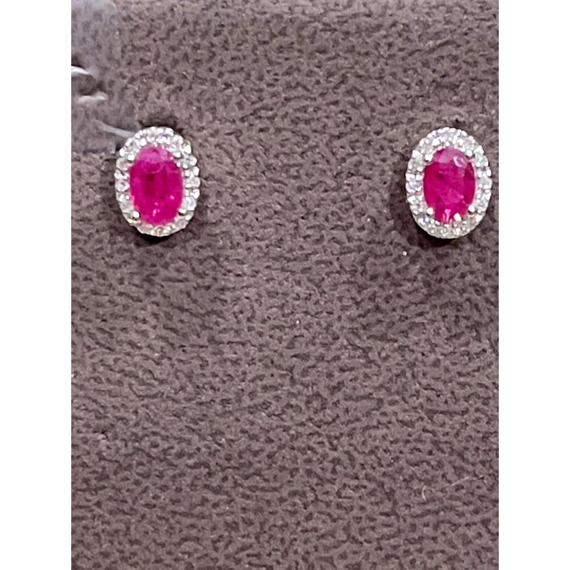 2010s 1 Carat Oval Natural Ruby and Diamond Stud Post Earrings 14 Karat White Gold For Sale - Image 5 of 18