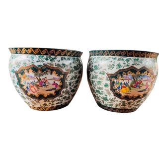Mid-Century Export Asian Porcelain Fishbowl Planters - A Pair For Sale