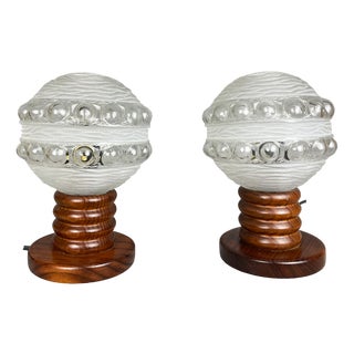 Mid-Century Portuguese Modern Wood and Frosted Glass Table Lamps, 1960s, Set of 2 For Sale