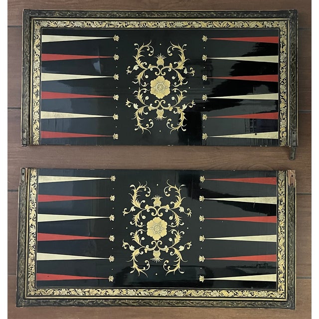 Black Antique 19th Century Chinese Export Black, Red & Gold Lacquer Wooden Game Board for Chess, Checkers and Backgammon For Sale - Image 8 of 16