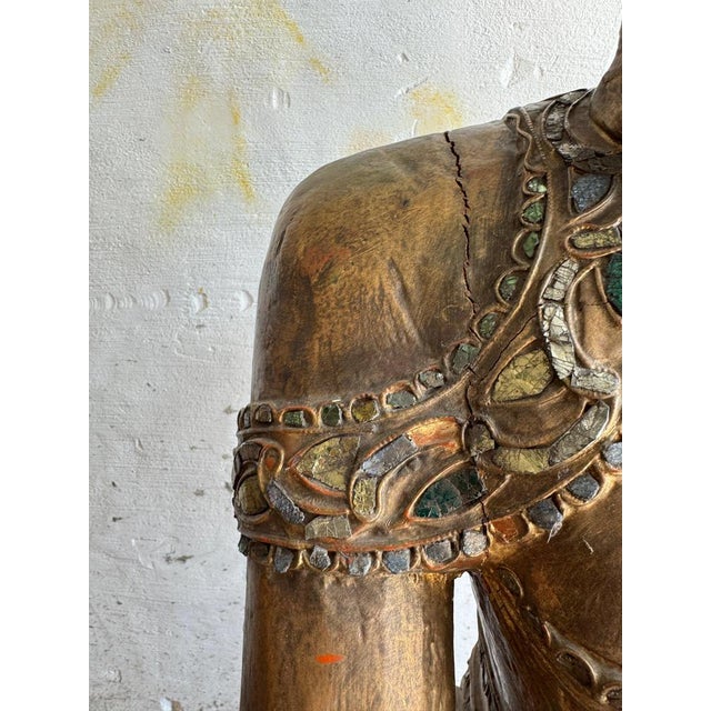 Large Seated Buddha Sculpture in Carved Base Gilded Wood For Sale - Image 12 of 18