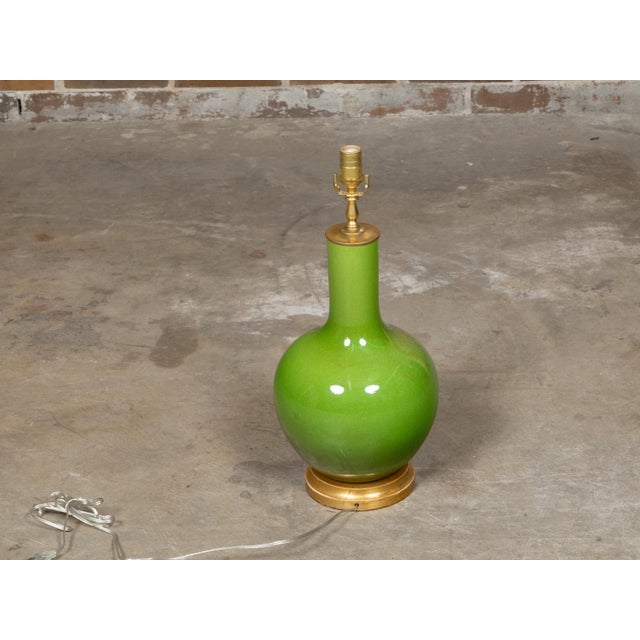 Transitional Apple Green Porcelain Vase Table Lamp on Gilt Base, Wired for the USA For Sale - Image 3 of 9