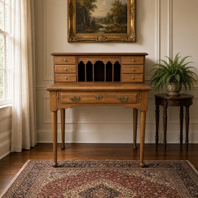 Vintage American maple flip-top secretary writing desk with bun feet, a charming 20th century reproduction of a colonial...