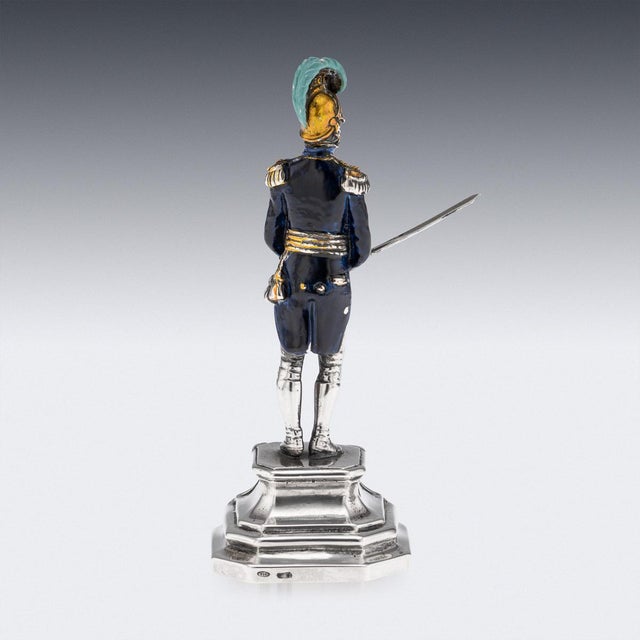 Antique 20th Century Italian Silver & Enamel Mounted Napoleonic Kingdom Guard, 1970s For Sale - Image 4 of 15
