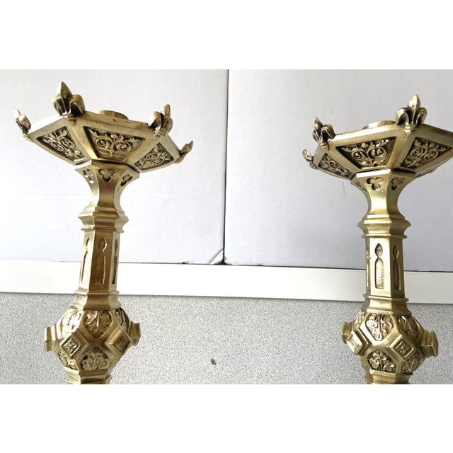 Antique Neo-Gothic Gilt Bronze Candlesticks, Set of 2 For Sale - Image 4 of 14