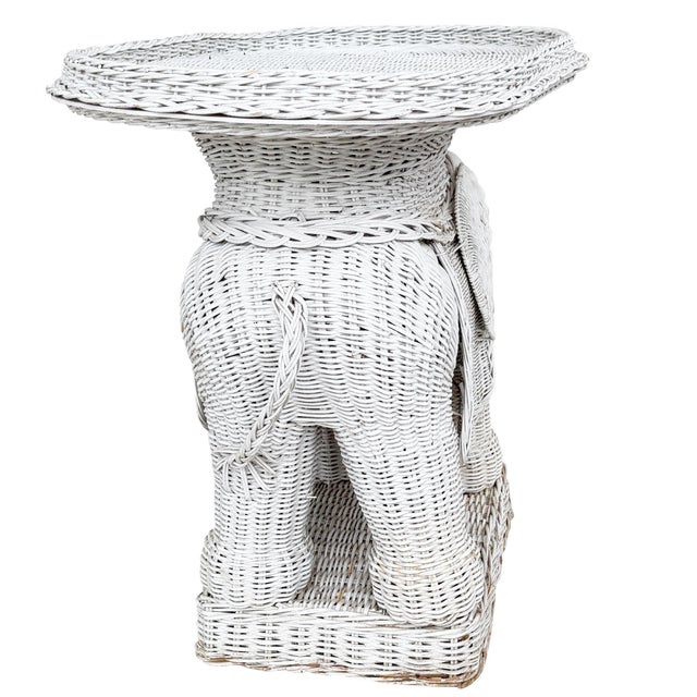 Wood Vintage White Wicker Elephant Side Table or Plant Stand, Hollywood Regency For Sale - Image 7 of 8