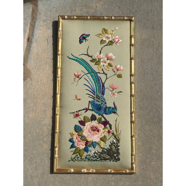 Vintage Chinoiserie Embroidered Silk Panel in Faux Bamboo Frame For Sale - Image 10 of 12