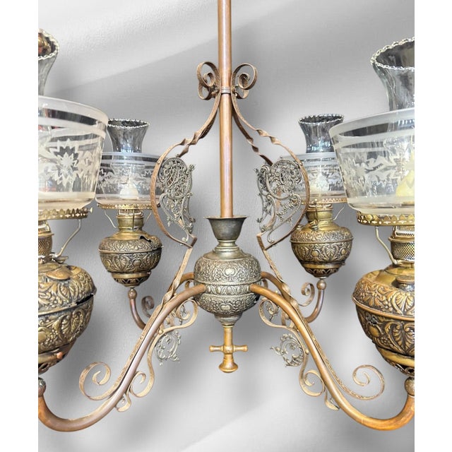 Metal Late 19th Century Victorian Chandelier With Painted Shades For Sale - Image 7 of 18