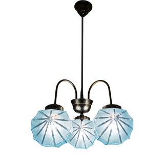 Art Deco 3-Armed Chandelier with Blue Glass Shades, Europe, 1930s For Sale