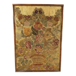 Large Antique 18th C. Textile Needlework Embroidery Flower Basket Design For Sale