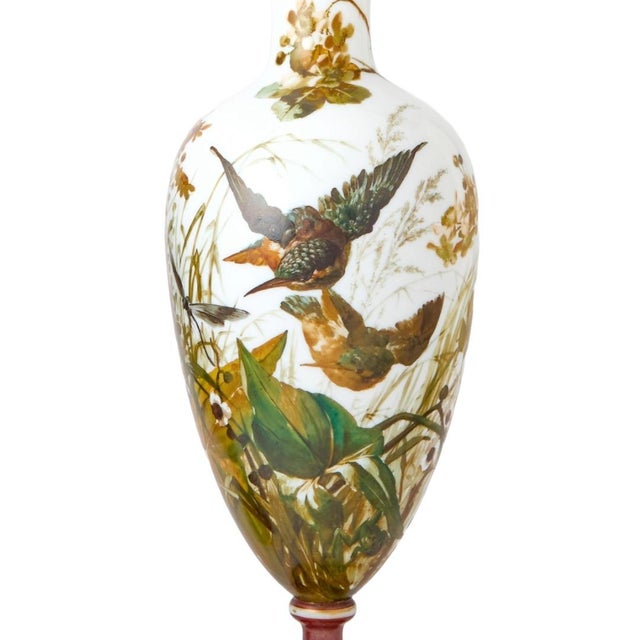 Glass Exquisite Pair of 19th Century French Hand-Painted Opaline Glass Decorative Vase For Sale - Image 7 of 10