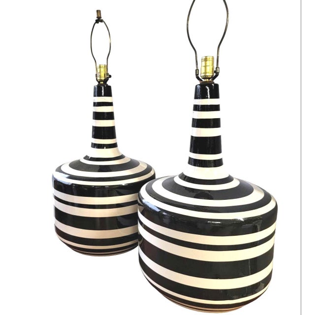 Mid-Century Modern Large Mid Century Modern Italian Striped Ceramic Lamps - a Pair For Sale - Image 3 of 5