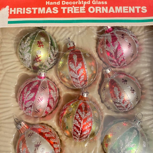 Vintage Glass Christmas Tree Ornaments Made in Romania - Set of 8 in Original Box For Sale - Image 12 of 12