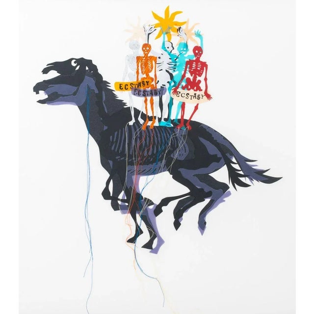Lesley Dill (American, b. 1950), Ecstasy Skeletons on a Horse, Mixed Media Collage, apparently unsigned, ebonized metal...