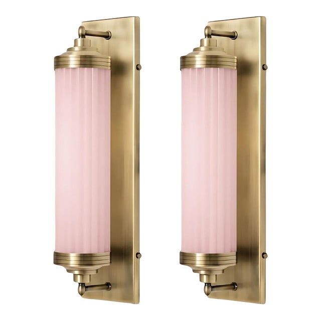 Vintage Art Deco Light Old Lamp Wall Sconces Fixture Brass & Pink Glass Rod Ship Light - Pair For Sale