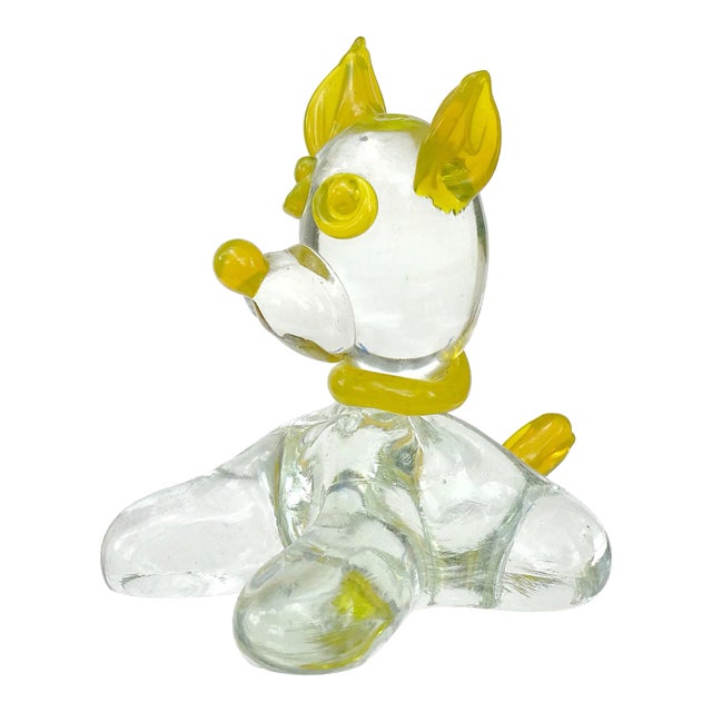Murano Fratelli Toso Vintage Clear Yellow Italian Art Glass Puppy Dog Paperweight Figure Sculpture For Sale