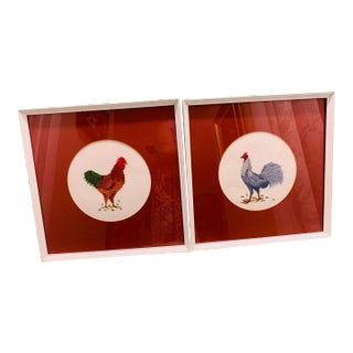 Pair of Vintage Needlepoint Roosters For Sale