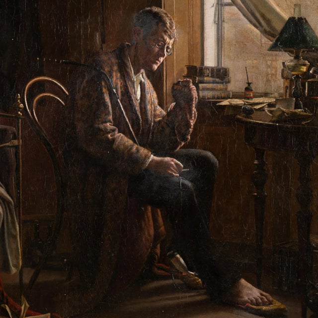 Original oil on canvas painting by Christian Pram-Henningsen (Denmark 1846-1892). Subject is a young student darning his...