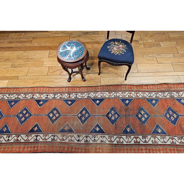 19th Century 19th Century Persian Kurdish Runner Rug, Hand-Knotted Wool, Geometric Medallion Pattern, Terracotta & Navy, 3x12 For Sale - Image 5 of 16
